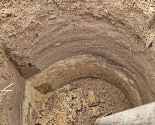 Pflanzung April 2025: Mit dem Erdbohrer gebohrtes Pflanzloch. Dieses wurde noch weiterbearbeitet.